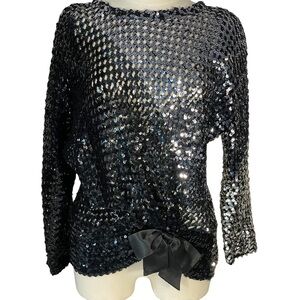 Toppettes By A Brod 70s 80s Black Silver Sequin Open Weave Bow Sweater Top Sz M